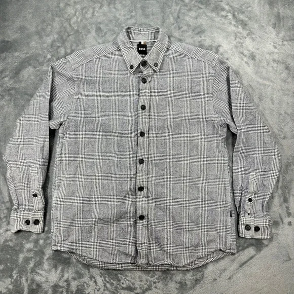 BOSS Hugo Boss Mens Relaxed Fit Glen Plaid Button Down Shirt Blue White M