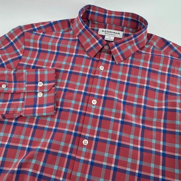 Mizzen + Main Button Down Mens XL Red Plaid Trim Fit Performance Stretch Shirt