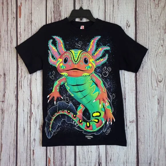 Euro Cotton Comfort Black Axolotl Glow Mexican Reptile T-Shirt Mens S Crew Neck