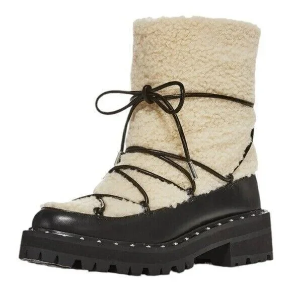 AQUA Fuzz Women’s Leather Lug Sole Sherpa Lace Up Winter Boot Black Size 6.5