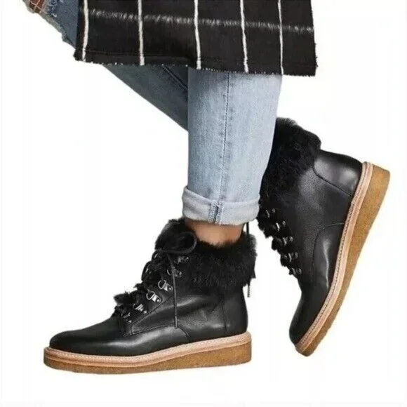 BOTKIER Winter Hiking Boots Faux Fur Collar Black Leather