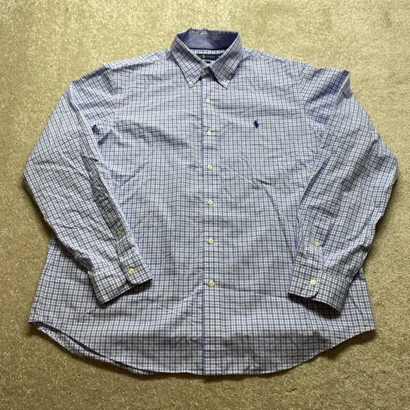 Ralph Lauren Button Down Shirt Mens XL Blue Tattersall Check Non-Iron Cotton
