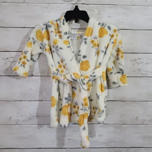 Little Joy Baby‎ Girl Plush Floral Robe Roses in Yellow Gray White O-9 Month