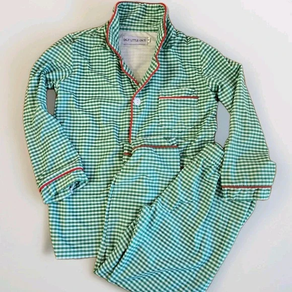 Only Little Once Christmas Holiday Pajama‎ 2 Pc Set Green Gingham Size 4 NWOT