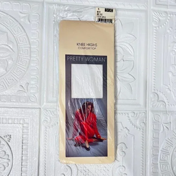 Vintage Pretty Woman‎ WHITE Nylon Knee Highs SANDALFOOT Style 72 One Size NEW