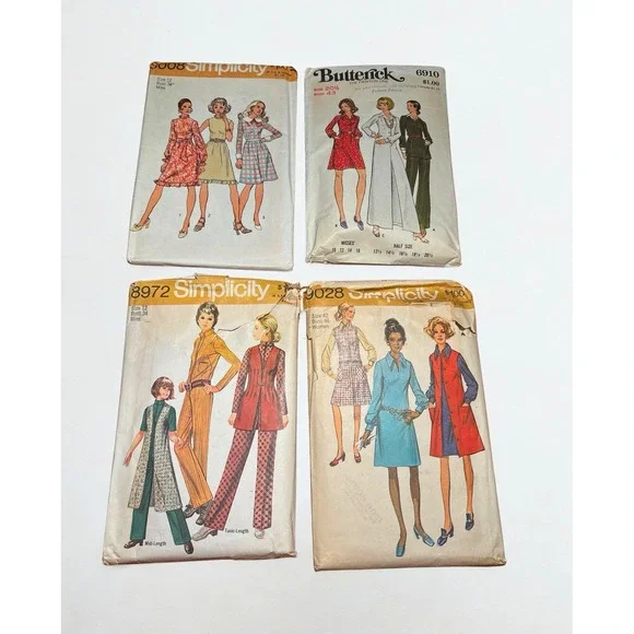Lot of 4 Vintage 1970s Sewing Patterns Simplicity & Butterick Dress Tunic Pants