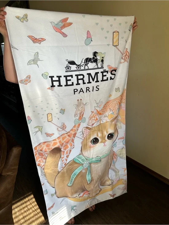 White Multi Color Cat & Giraffe Decorative Bath Towel