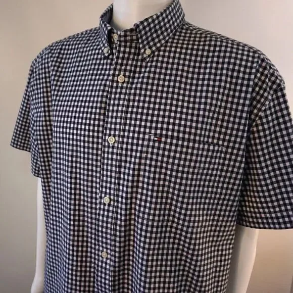 Tommy Hilfiger Mens XL Shirt Gingham Button Down Classic Fit Stretch Short Sleev