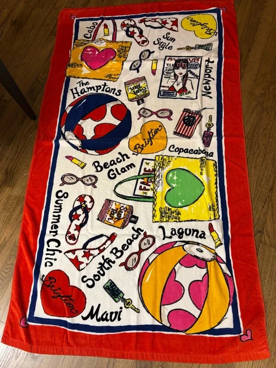 Brighton Multicolor Beach Towel with Red Border and Pink, Yellow & Green Accents
