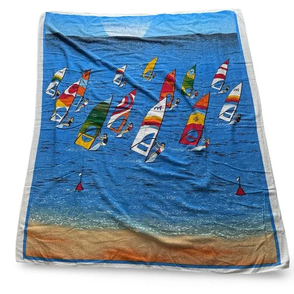 Vintage‎ Kel-Tex Windsurfing Beach Towel Blue Cotton Brazil 52x56 Ocean 90s