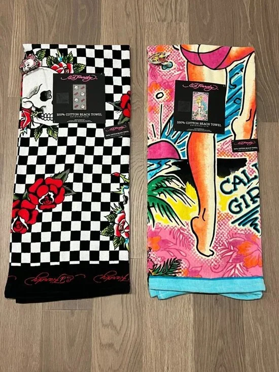 ED HARDY 36x68 Cotton Beach Towel Lot California Girls Pinup Checkered Skull Y2K