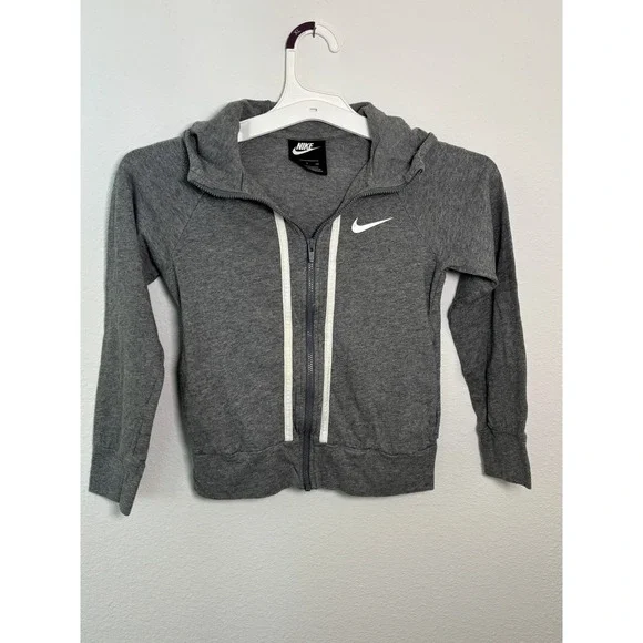 Nike Girls Gray Full Zip Hoodie Sweatshirt White Stripe Swoosh Logo Size S