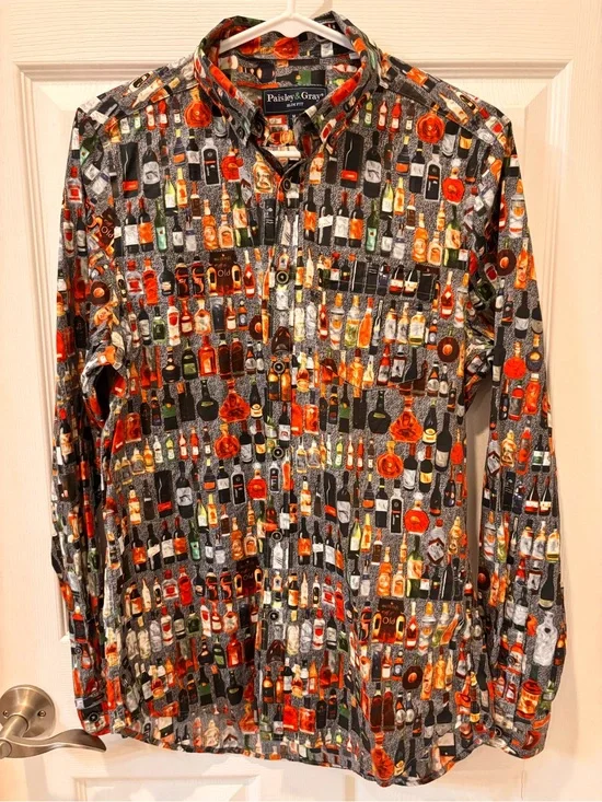 Paisley & Gray Men's Gray Button-Up Shirt with Bottle Print