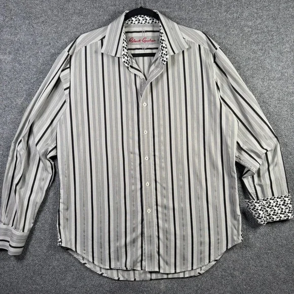 Robert Graham Button Down Shirt Mens L Large Grey Black Striped Contrast Cuff