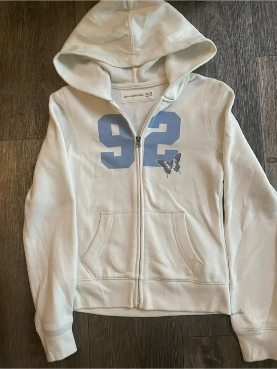 abercrombie kids Cream Zip-Up Hoodie with Blue '92' Graphic and Butterfly