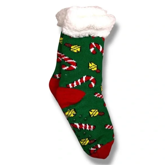 New Holiday Christmas Socks Womens One Size Faux Sherpa Lining Green Bell Candy