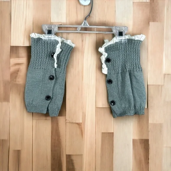 GREY LEGWARMERS BOOT CUFF IVORY LACE ACCENT STRETCH COZY