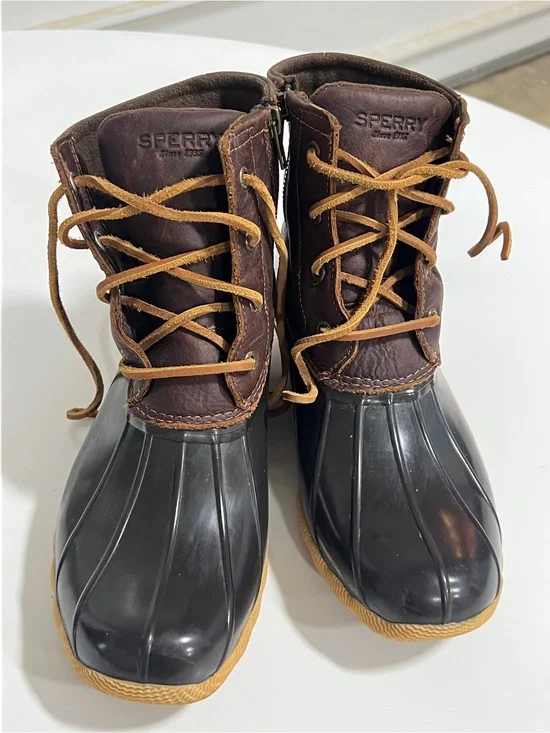 Sperry Womens Brown Leather Rubber Duck Boots with Tan Laces