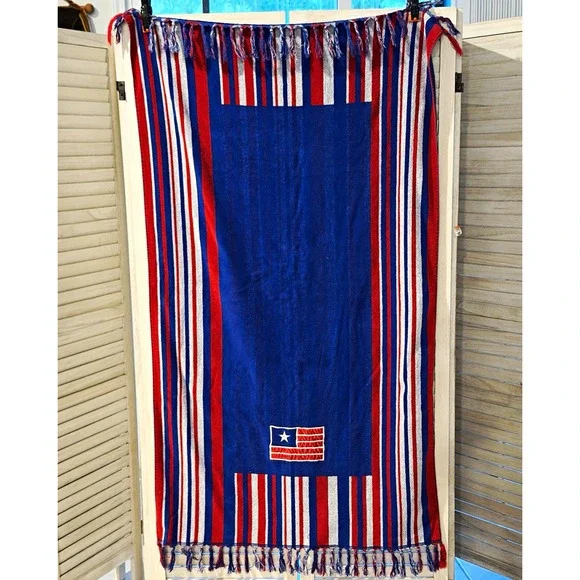 Tropical Escape Liberia Flag Beach Towel 100% Cotton Red White Blue Fringe 53
