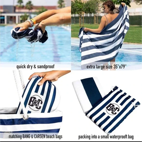Bang & Carsen XL Microfiber Beach Towel‎ 35x79 Quick Dry Sandproof Navy Stripe