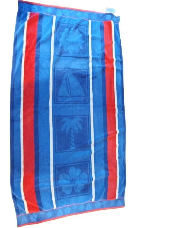 Vintage Egyptian Cotton Beach Bath Towel, Red Blue Palm Tree Sailboat Egypt Sun