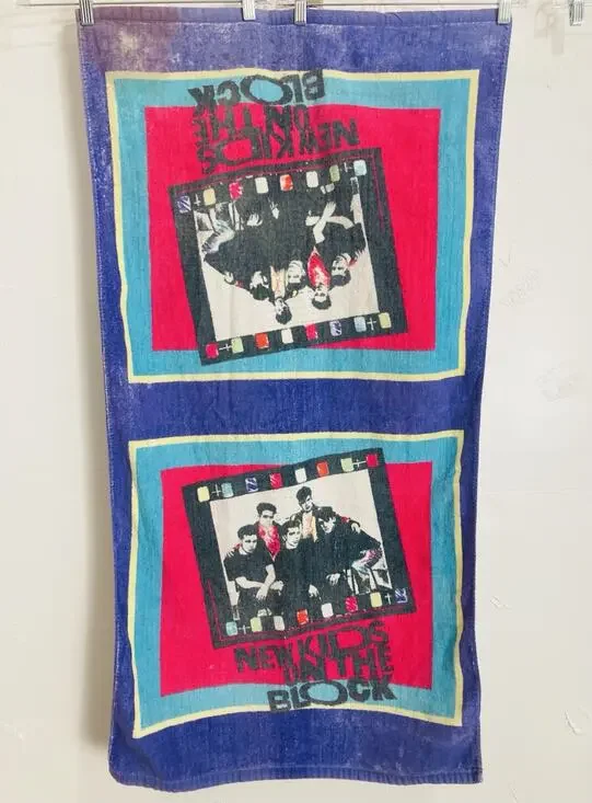 Vintage New Kids On The Block Beach Towel Retro 1990 Purple 46”X24” Magenta Teal