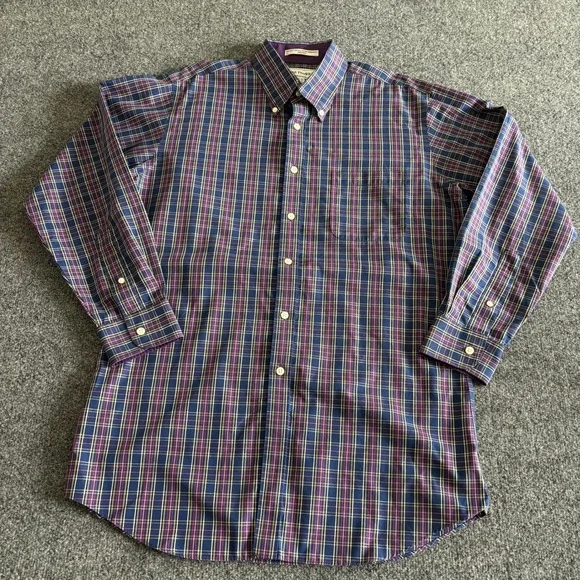 Paul Fredrick Mens 16-33 Slim Fit Non-Iron Cotton Broadcloth Plaid Shirt Purple