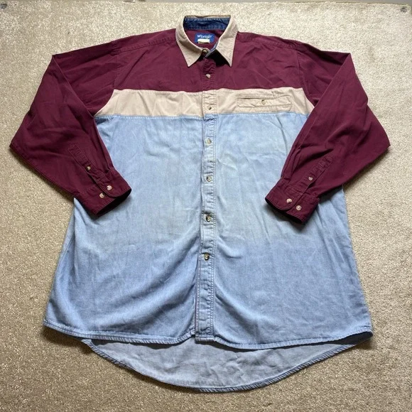 Wrangler Western Shirt Mens XLT Blue Burgundy Tan Colorblock Long Sleeve Cotton