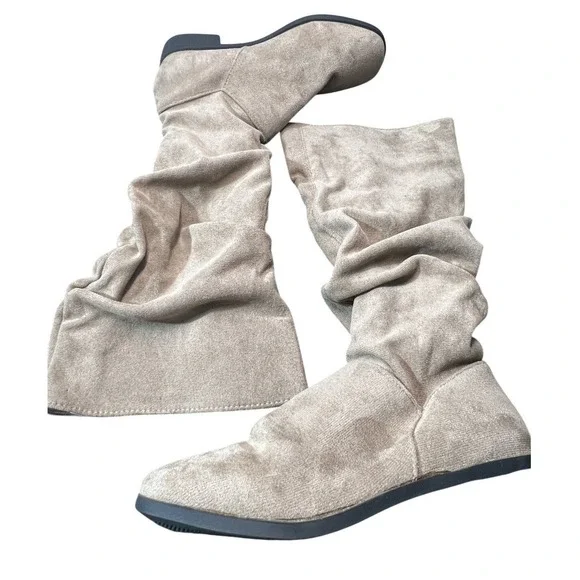 Women's Taupe Faux Suede Slouch Knee-High Boots EU 38 US 7.5‎ Pull-On Flat Heel