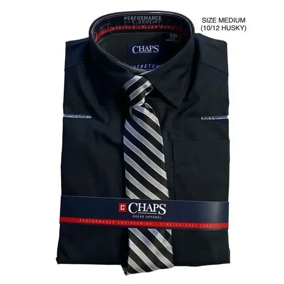 CHAPS BOYS MEDIUM (10/12 HUSKY) BLACK SHIRT AND TIE SET