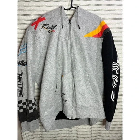 Fox Racing Y2K Mens Zip Up Hoodie Grey Black Motocross Graphic Sherpa Lined XL