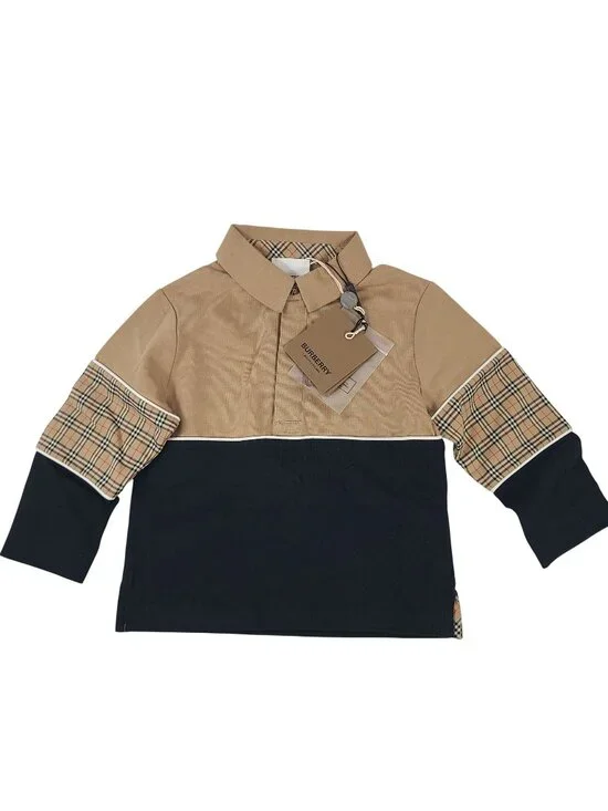 NEW Burberry Toddler Polo Shirt Beige & Black Panel Design Long Sleeves Size 2Y