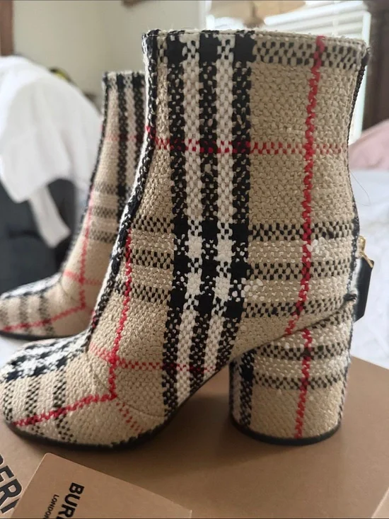 Burberry Beige Black and Red Check Knit Ankle Boots