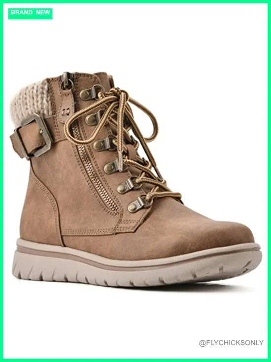 Cushioned Hiker Ankle Boots Sweater Knit Collar D Ring Lacing