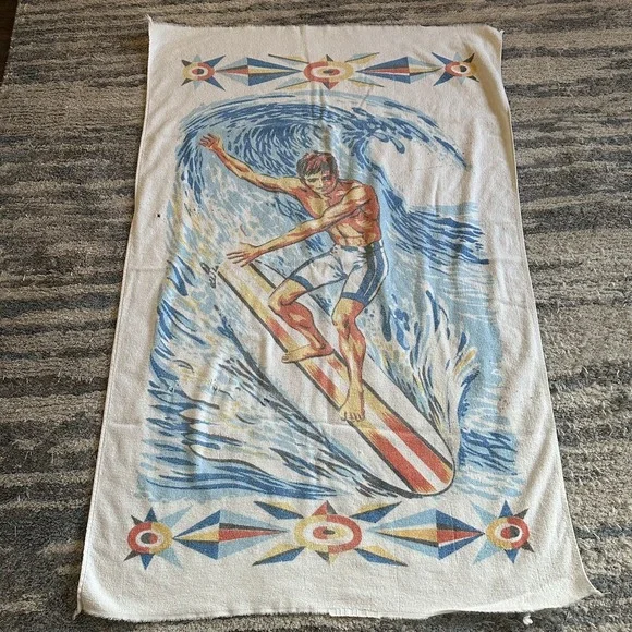 Vintage 60-70's surfer ocean beach towel cannon made in USA terry cloth Flaws