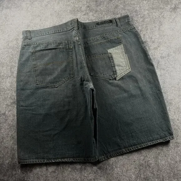 Vintage Sacred Crown Men’s 52 Charcoal Patchwork Denim Jorts Baggy Wide Leg Y2K