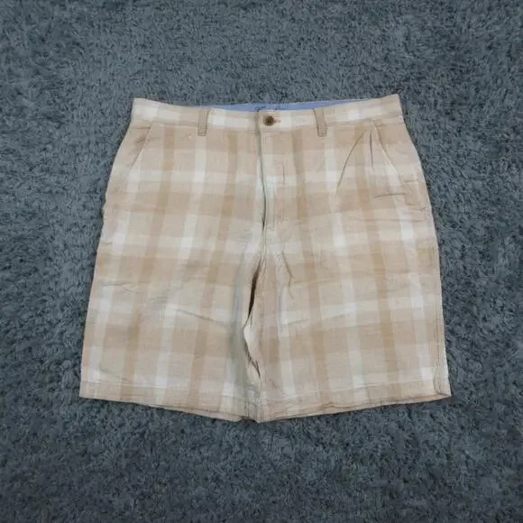 Tasso Elba Shorts Mens 34 Beige Plaid Linen Cotton Chino Pleated Casual 36x9*