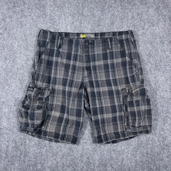 Lee Cargo Plaid Shorts Mens 36 Grey Black Cotton Relaxed Fit Utility