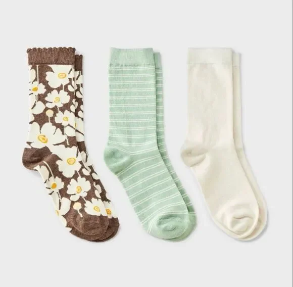 A New Day Women’s Garden Party Floral Crew Socks Green Mix 3-Pack NWT