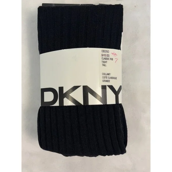 DKNY Classic Rib Tights‎ Black Tall Size OB350 Ribbed Hosiery Womens New