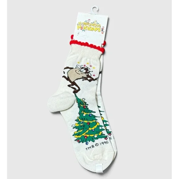 Vintage 1996 Looney Tunes Taz Christmas Sock NWT Ruffle Cuff 90s Kidcore Holiday