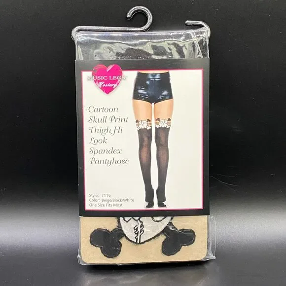 Music Legs Cartoon Skull Print Thigh-High Look Pantyhose One Size Fits Most