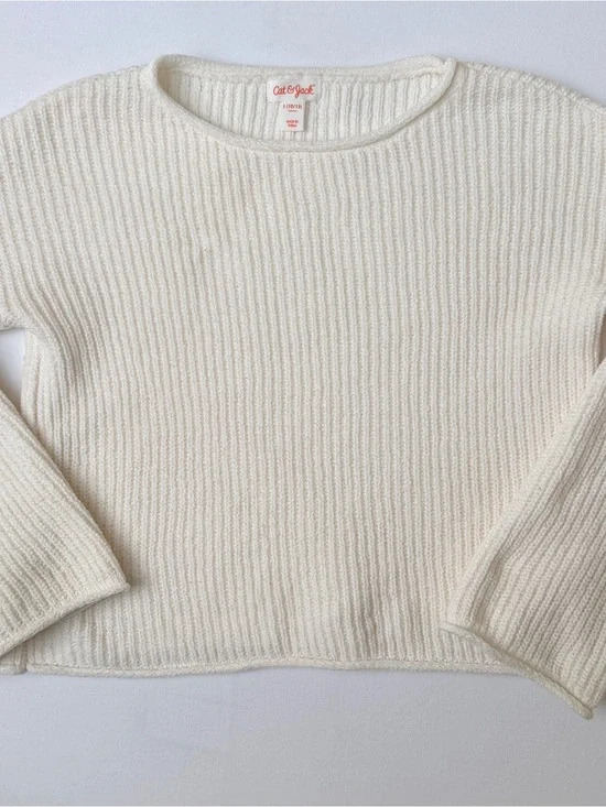 Cat & Jack Girls L 10/12 Cream Ribbed Knit Pullover Sweater