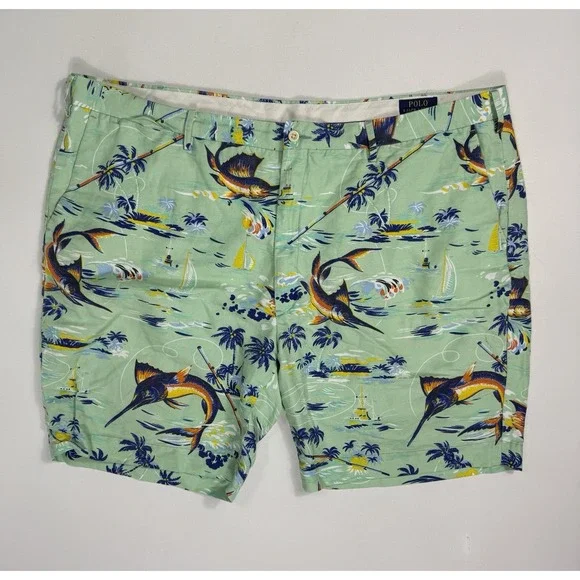 Polo Ralph Lauren Shorts Men 48 Linen Chino Classic Fit Marlin Fishing Island