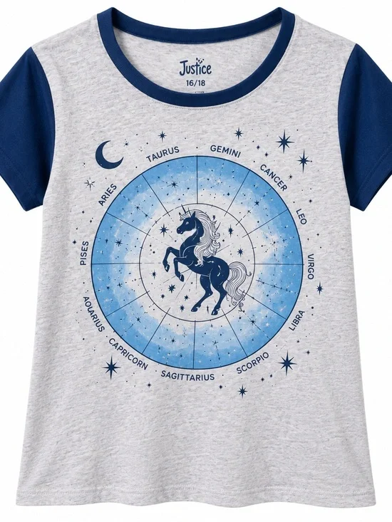 Justice Girls Graphic T-Shirt Size 16/18 Gray Blue Short Sleeve Tee