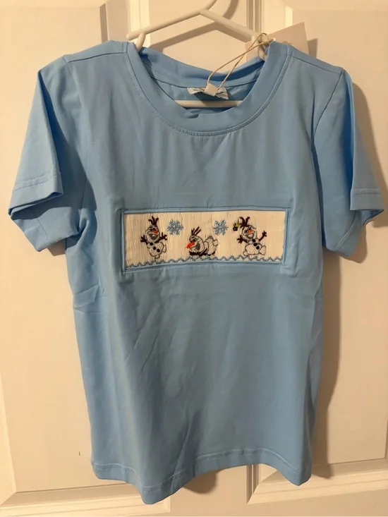 Kids Light Blue Short Sleeve Smocked Tee with Snowman Olaf