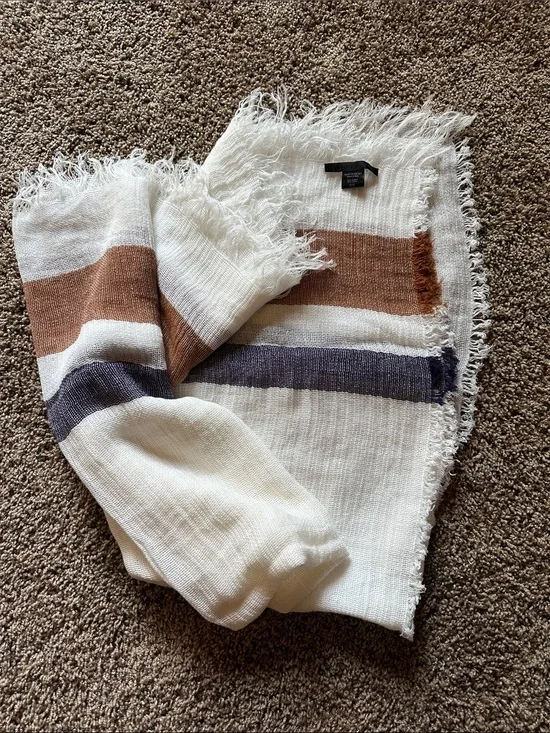 Jenni Kayne Cotton Linen Ivory with Camel and Navy Fringed