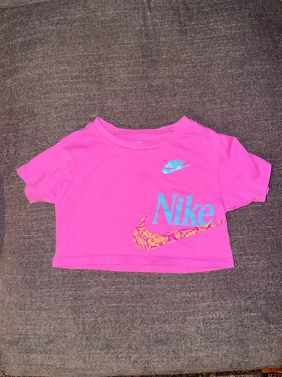 Nike Girls Hot Pink Crop Tee with Teal Logo and Patterned Swoosh