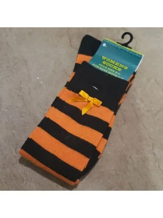 4/$25 Striped Witch Halloween Socks Bow Accent Orange and Black Novelty Holiday
