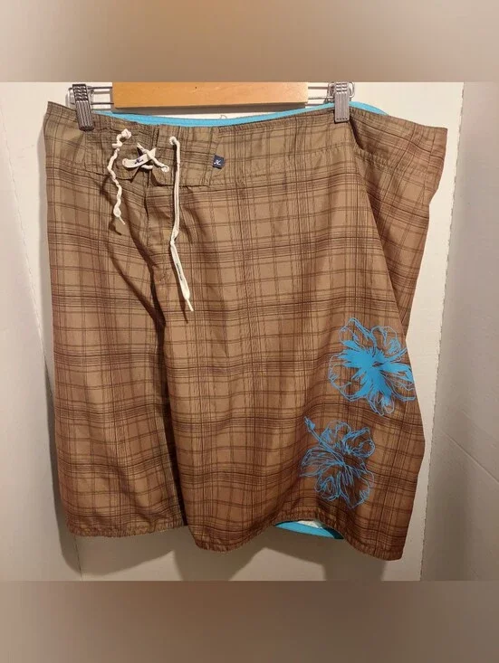 Hobie Plaid Board shorts Mens size 38 Floral Flower Print Boardshorts Cargo
